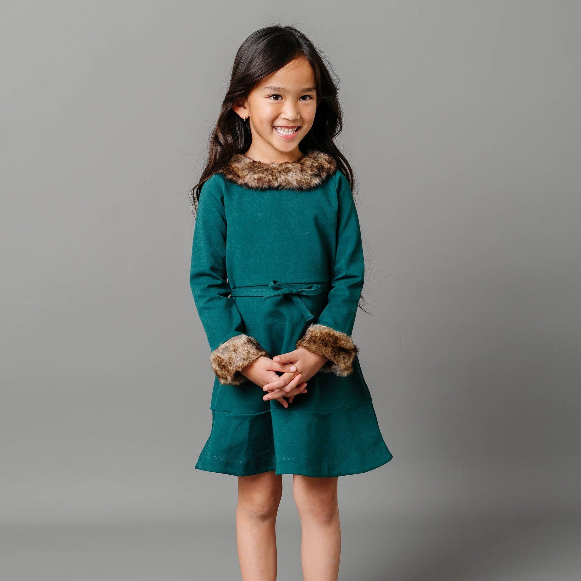 Long Sleeve Ponte Dress with Faux Fur: Deep Green Long Sleeve - Bossy Beans