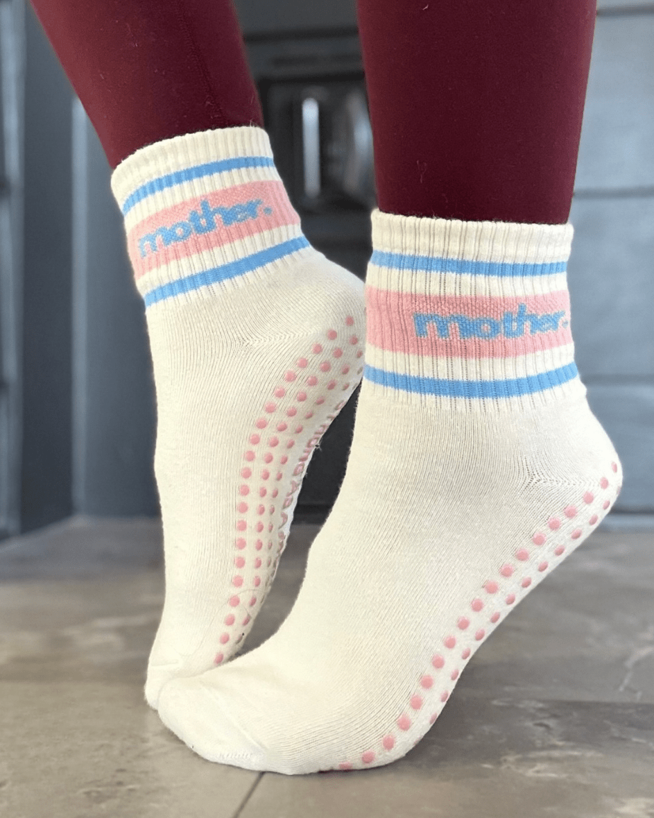 Mother. Throwback Half Crew Striped Grip Socks (Pink/Blue) - Bossy Beans
