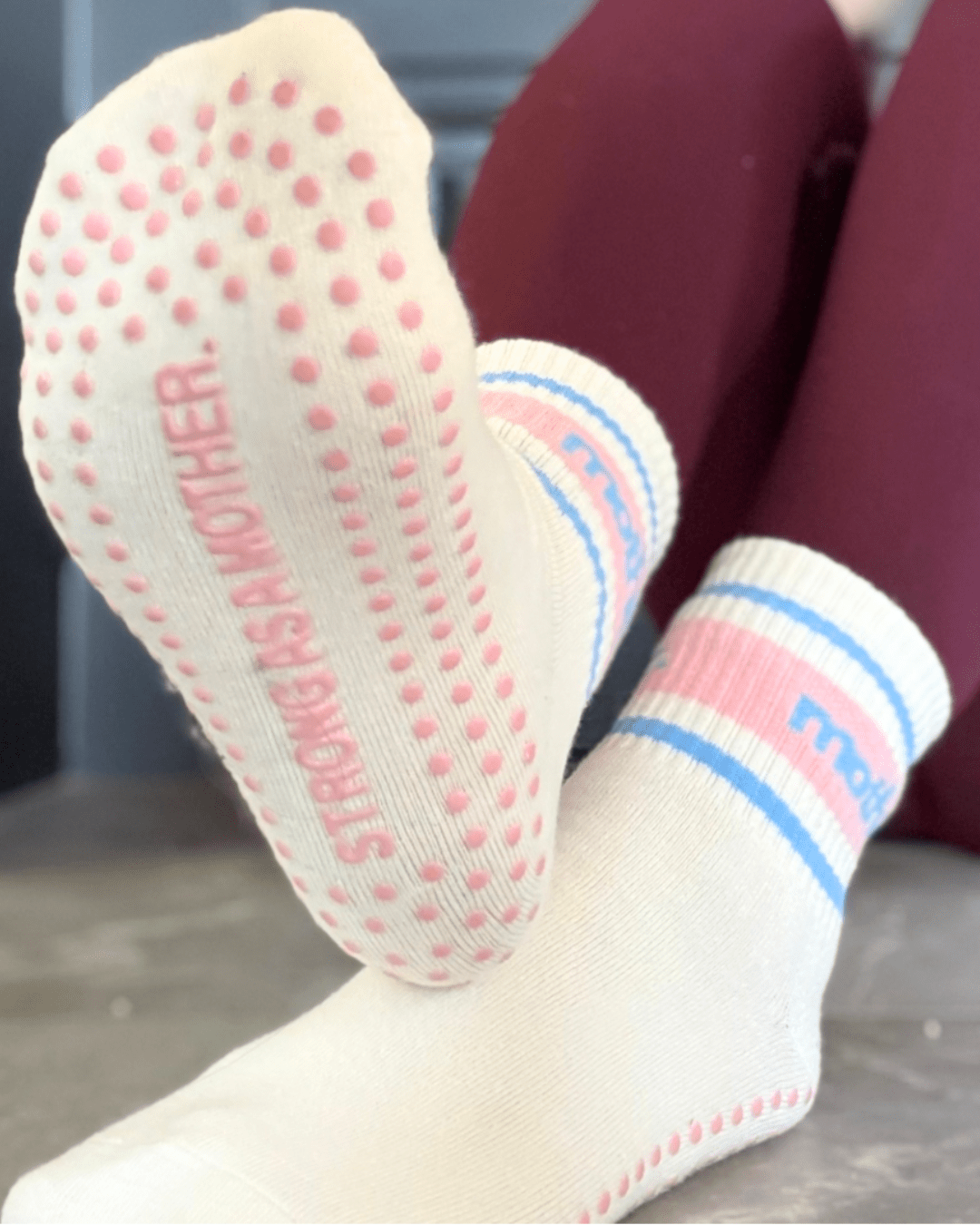 Mother. Throwback Half Crew Striped Grip Socks (Pink/Blue) - Bossy Beans
