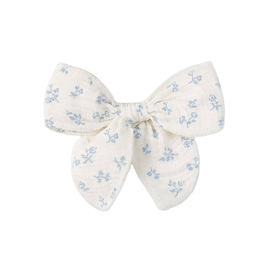 Muslin Bow Clip - Rosebay Floral (Coconut + Sea) - Bossy Beans