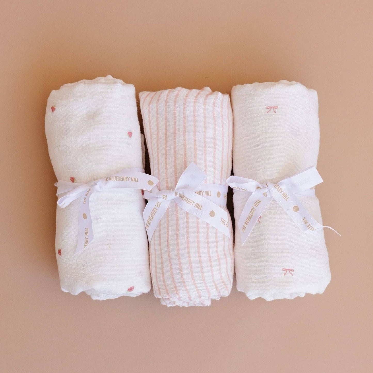 Muslin Swaddle Set - Strawberry, Bow, & Pink Stripe Baby Organic - Bossy Beans