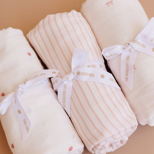 Muslin Swaddle Set - Strawberry, Bow, & Pink Stripe Baby Organic - Bossy Beans