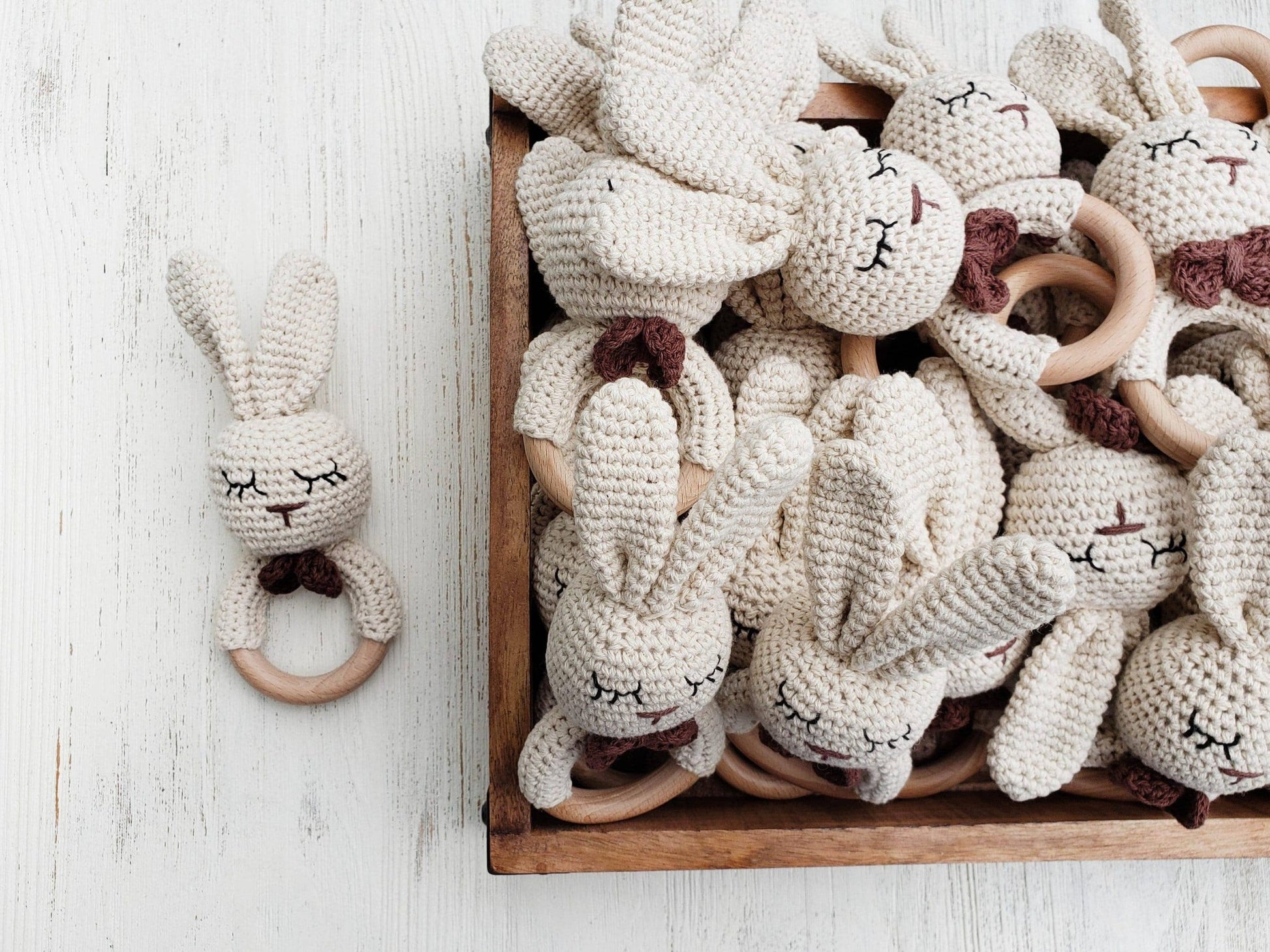 Natural Cotton Crochet Bunny Rattle: Tan Sleepy Bunny - Bossy Beans