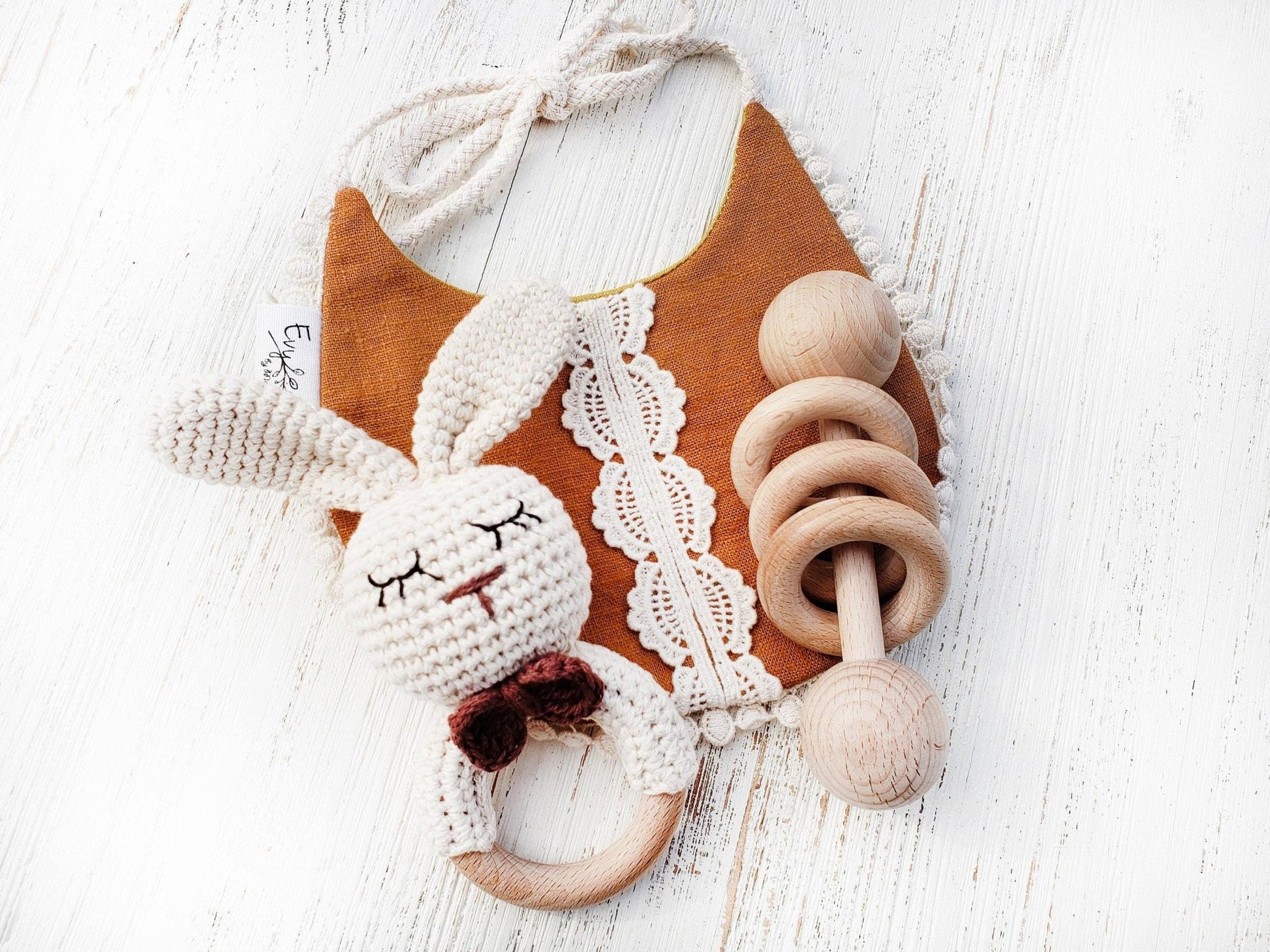 Natural Cotton Crochet Bunny Rattle: Tan Sleepy Bunny - Bossy Beans
