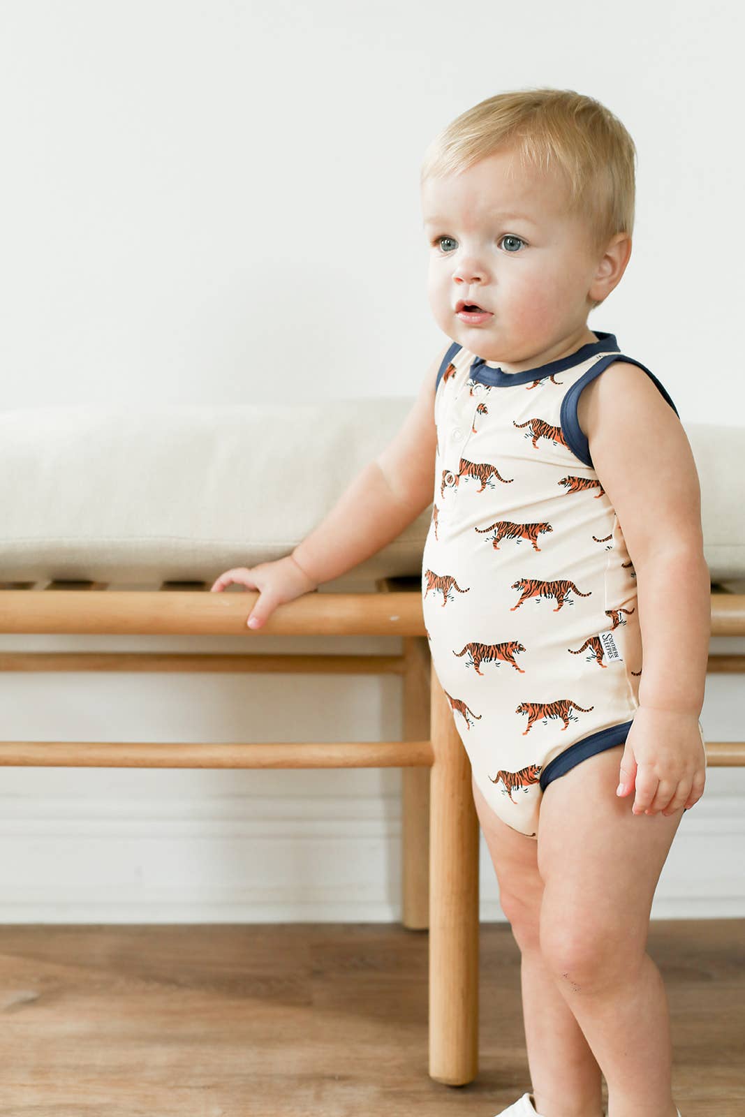 Navy Tiger Bamboo Henley Onesie with Snaps - Bossy Beans
