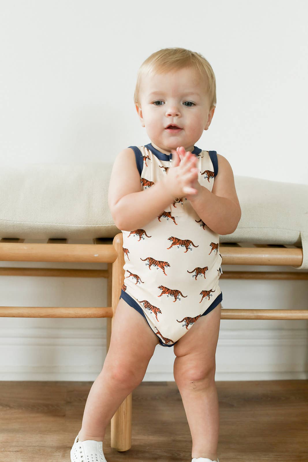 Navy Tiger Bamboo Henley Onesie with Snaps - Bossy Beans