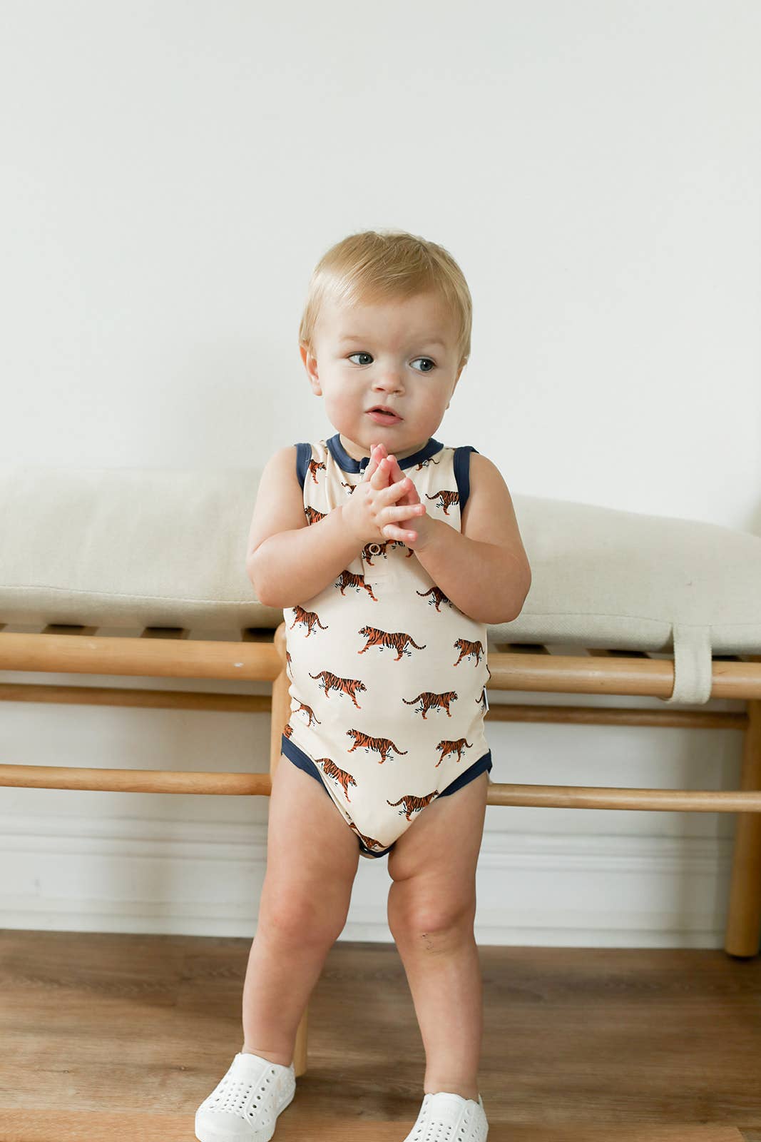 Navy Tiger Bamboo Henley Onesie with Snaps - Bossy Beans