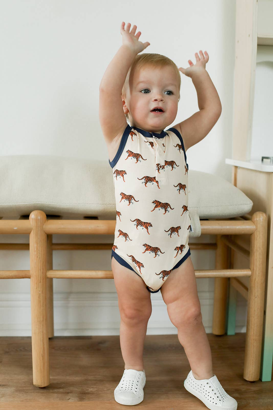 Navy Tiger Bamboo Henley Onesie with Snaps - Bossy Beans