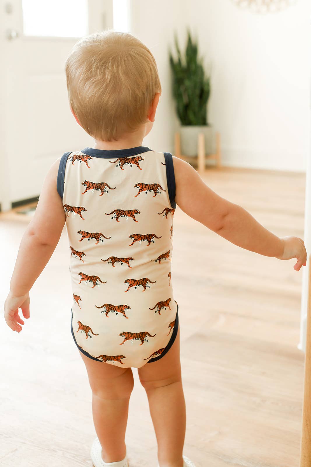 Navy Tiger Bamboo Henley Onesie with Snaps - Bossy Beans