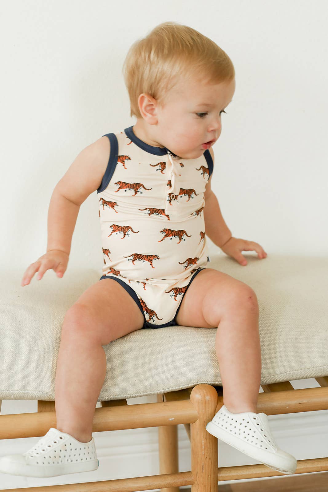 Navy Tiger Bamboo Henley Onesie with Snaps - Bossy Beans