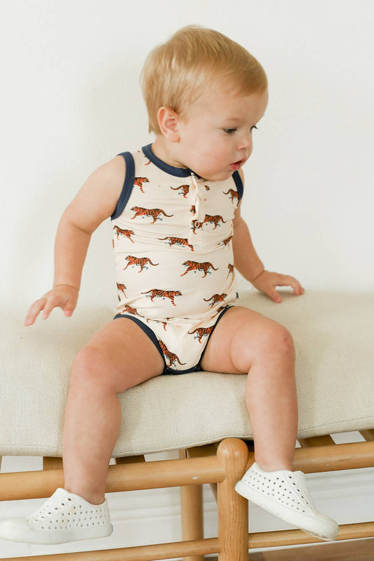 Navy Tiger Bamboo Henley Onesie with Snaps - Bossy Beans