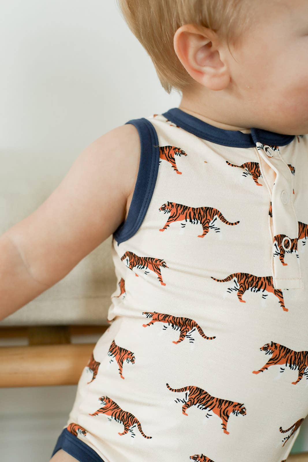 Navy Tiger Bamboo Henley Onesie with Snaps - Bossy Beans
