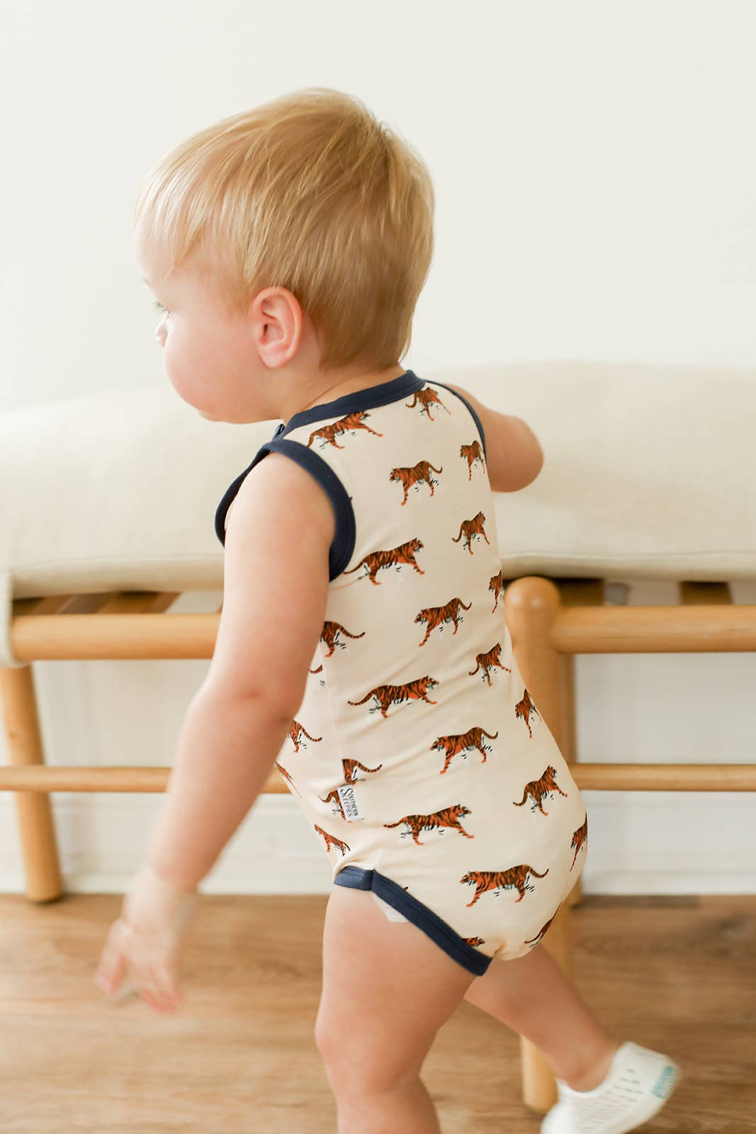 Navy Tiger Bamboo Henley Onesie with Snaps - Bossy Beans