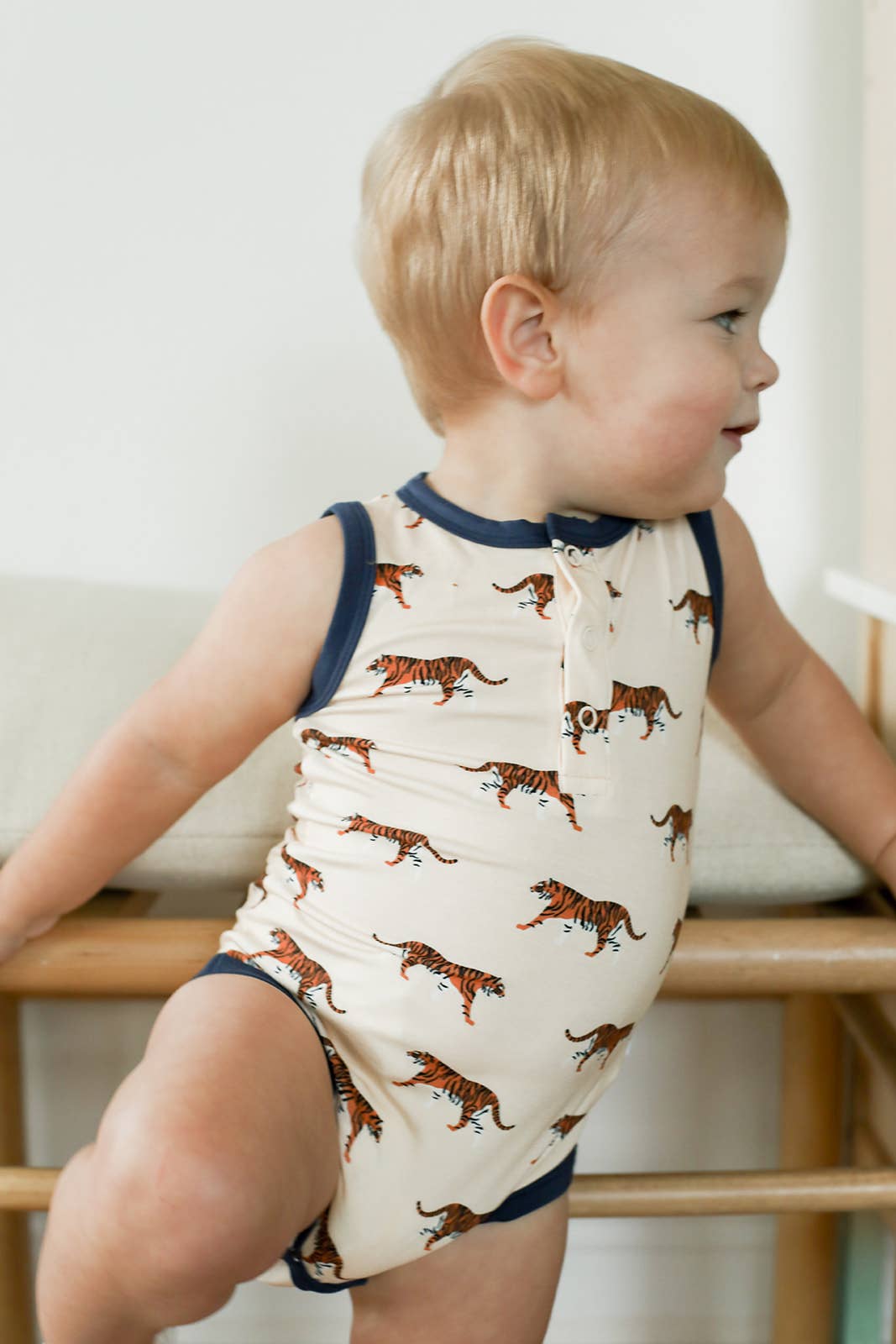 Navy Tiger Bamboo Henley Onesie with Snaps - Bossy Beans
