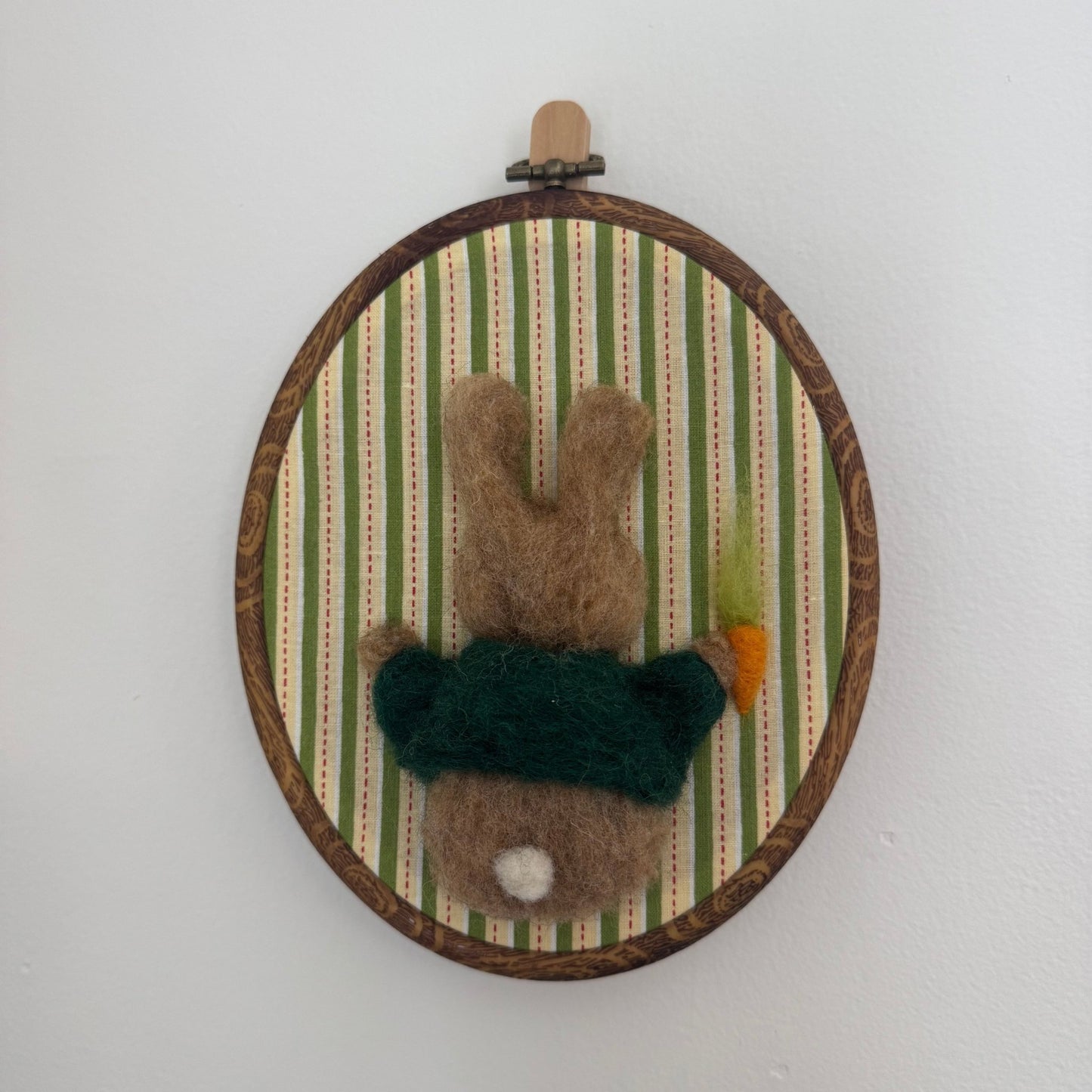 Needle Felted Brown Bunny with Dark Green Jacket on Striped Green Background - Hanging Wall Decor - Bossy Beans