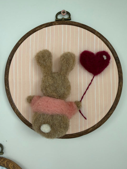 Needle Felted Bunny with Pink Jacket on Pink Wall Hanging | Nursery Decor - Bossy Beans