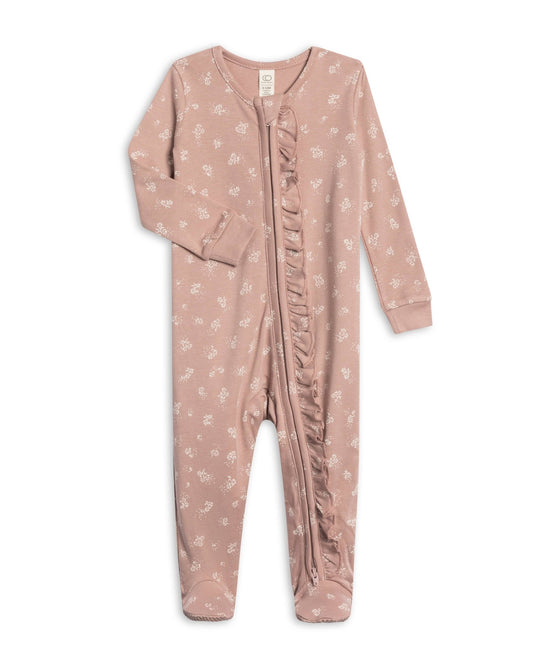 Neve Ruffle Zipper Footie: Ophelia Floral (Mauve) - Bossy Beans