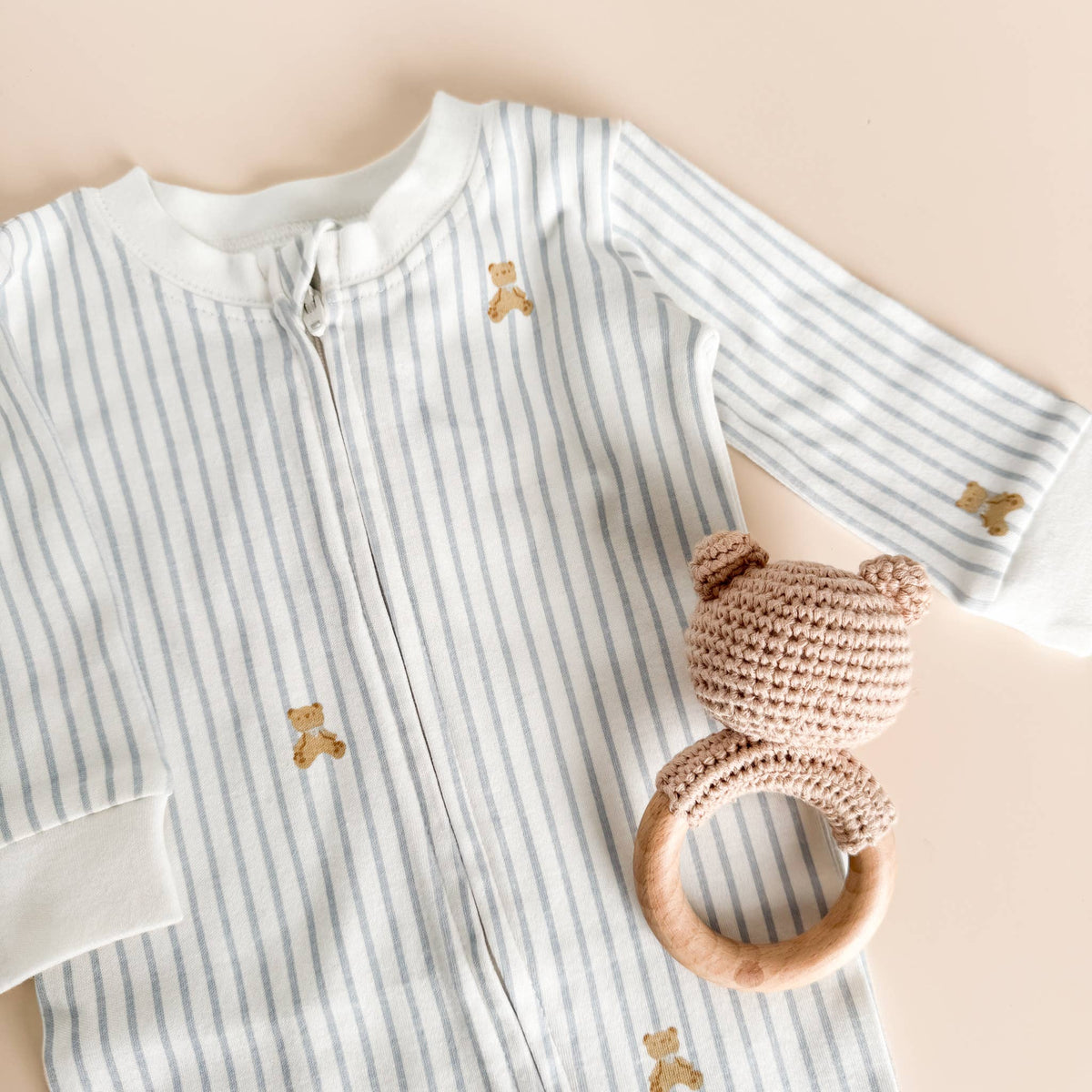 Organic Cotton Zipper Romper - Teddy Bear Blue - Bossy Beans