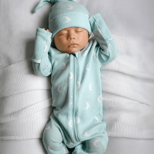 Organic Waffle 2 - Way Zip Footie: Light Blue Moon - Bossy Beans