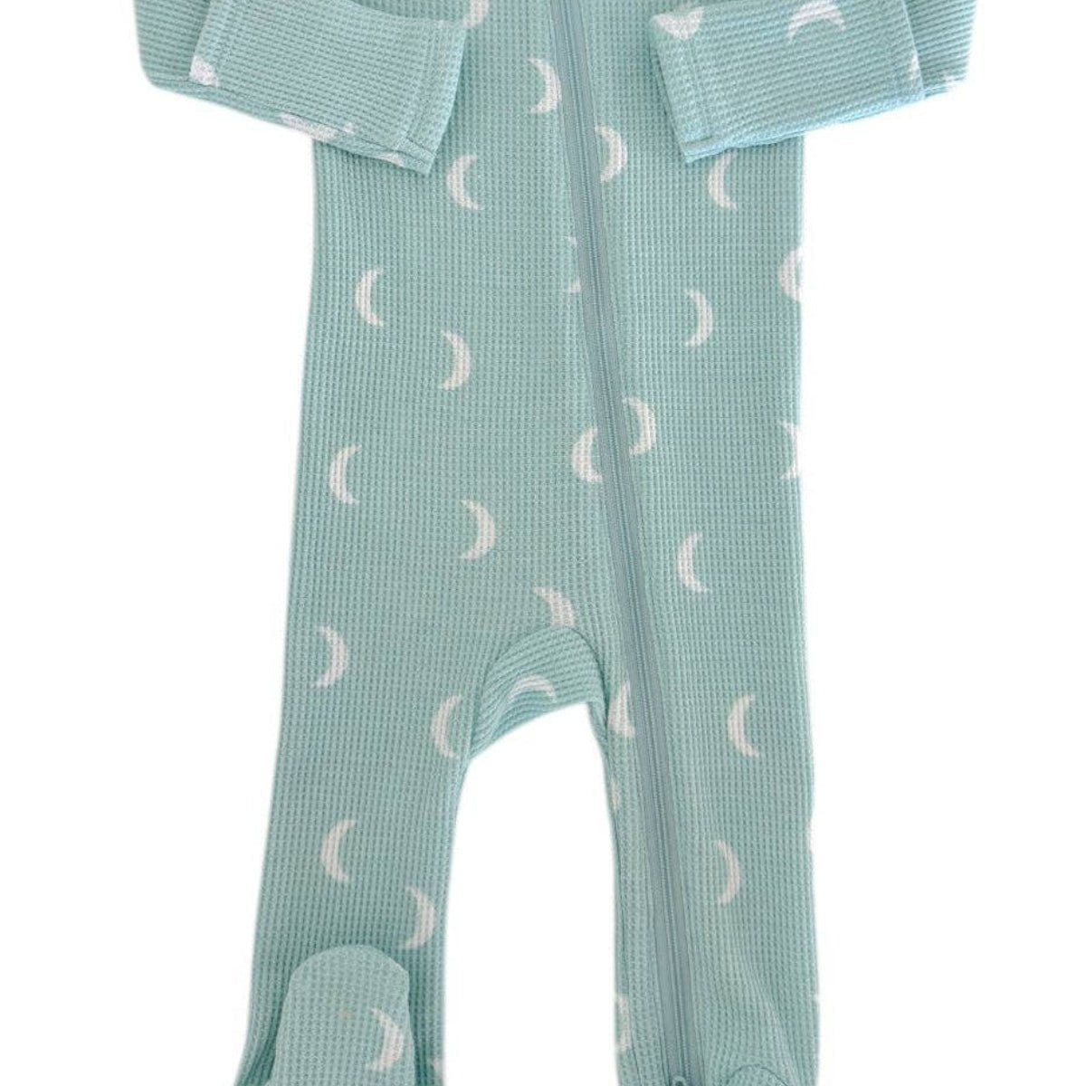 Organic Waffle 2 - Way Zip Footie: Light Blue Moon - Bossy Beans