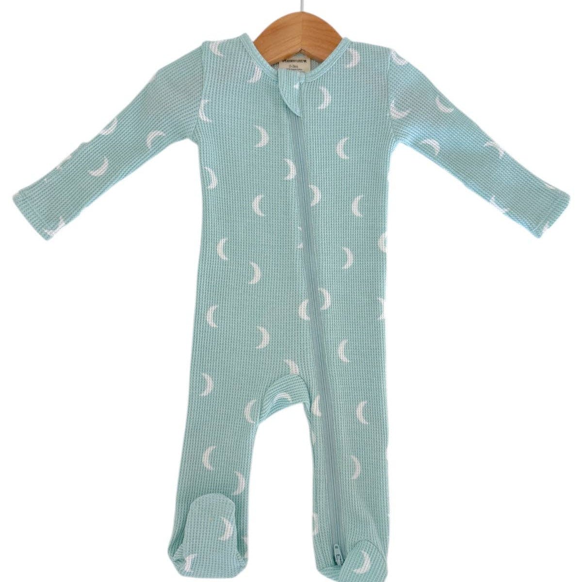 Organic Waffle 2 - Way Zip Footie: Light Blue Moon - Bossy Beans