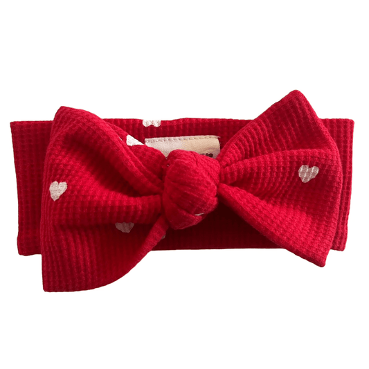 Organic Waffle Knot Bow: Little White Heart (on Red) - Bossy Beans