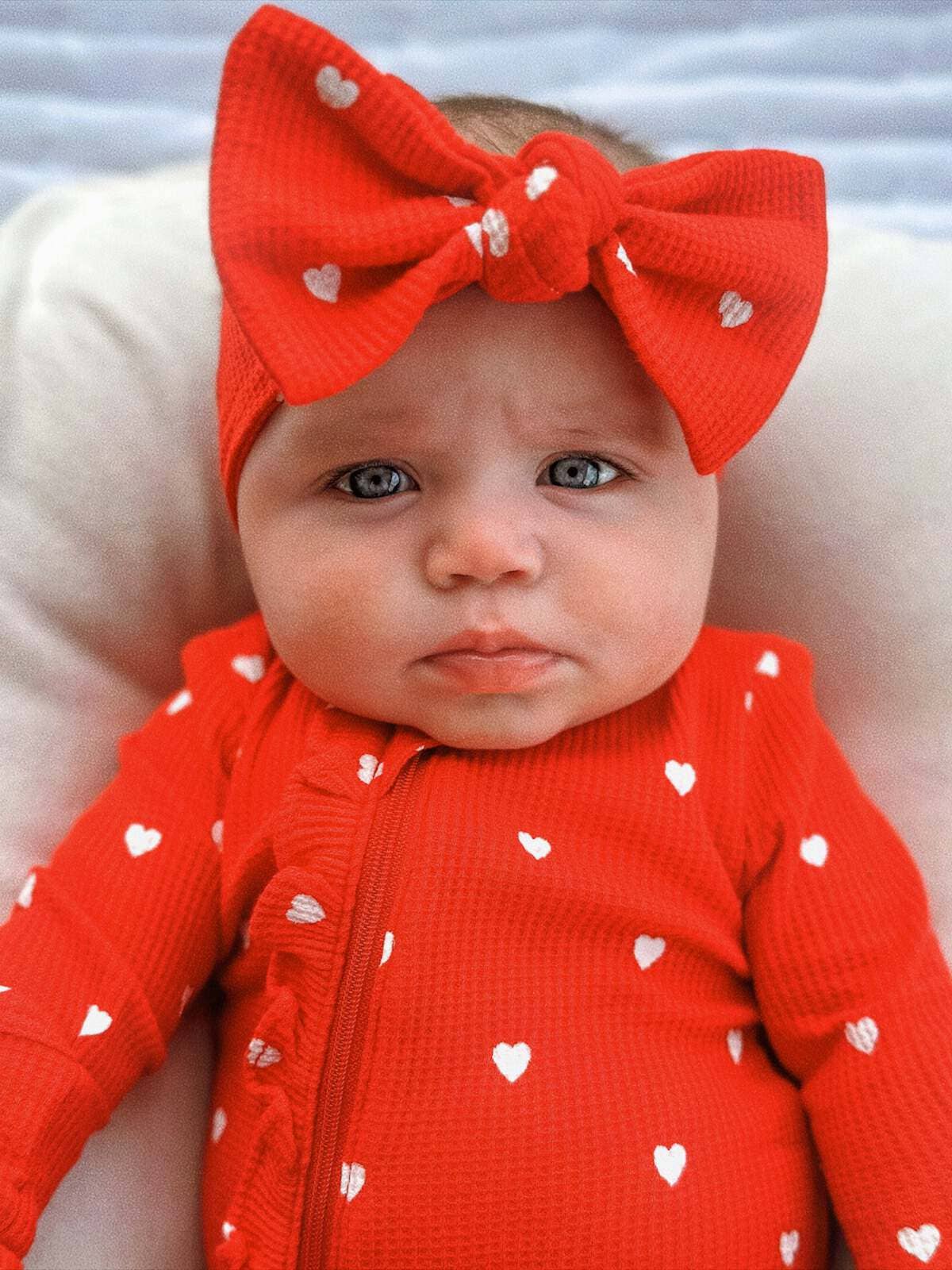 Organic Waffle Knot Bow: Little White Heart (on Red) - Bossy Beans