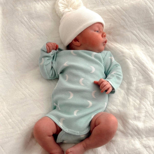 Organic Waffle Long Sleeve Bodysuit: Light Blue Moon - Bossy Beans