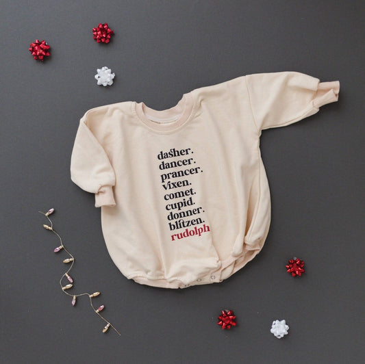 Reindeer Names Sweatshirt Romper - Bossy Beans