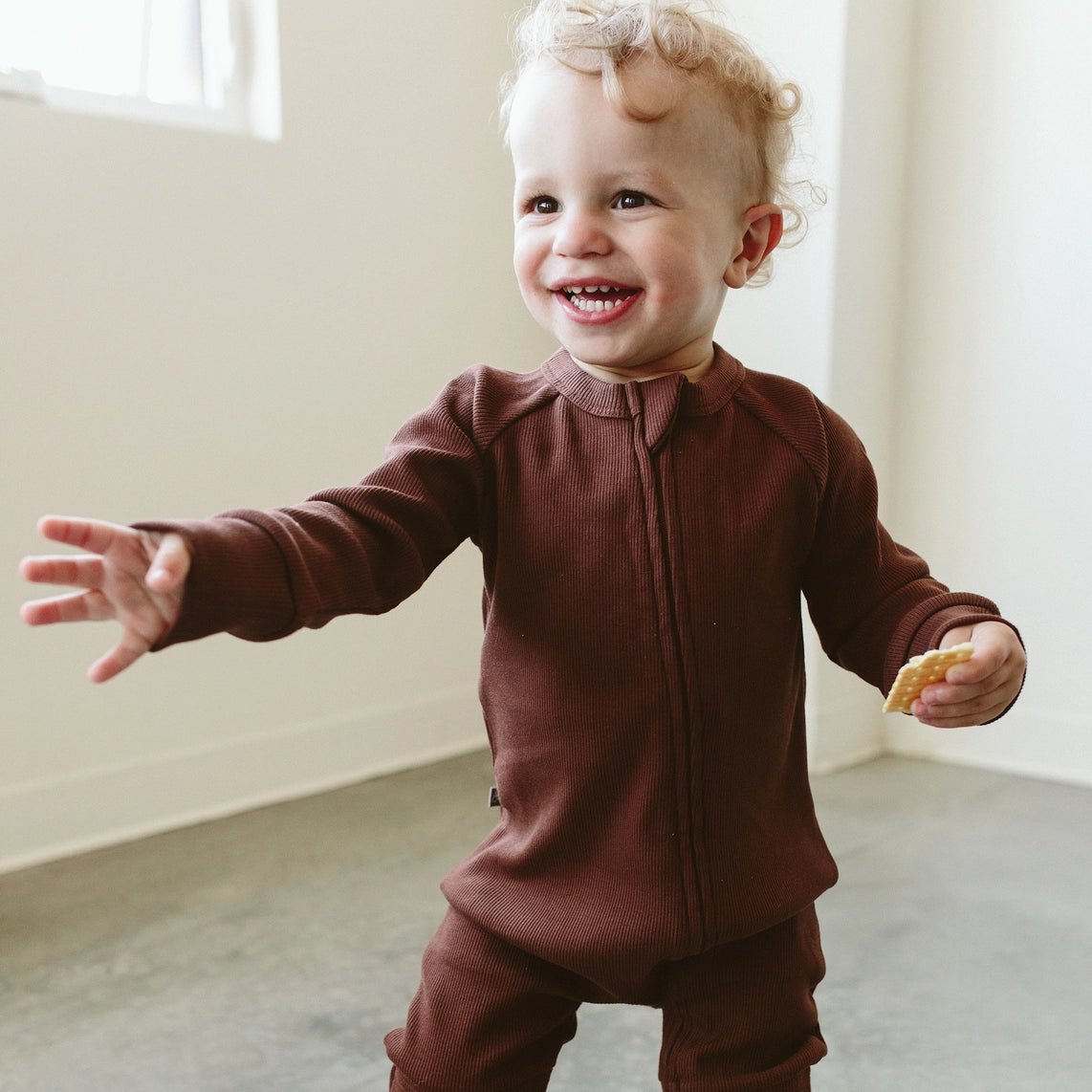 Rib Knit Zipper Romper - Redwood - Bossy Beans
