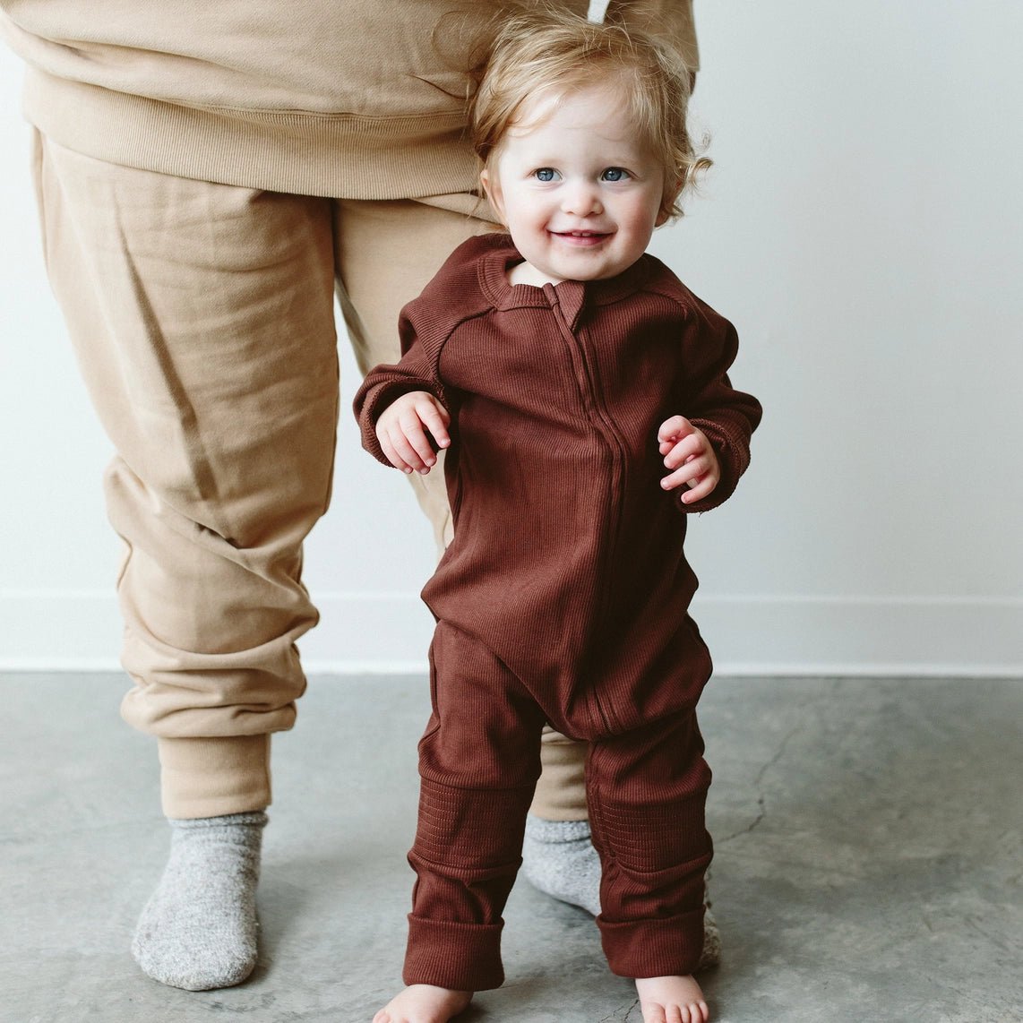 Rib Knit Zipper Romper - Redwood - Bossy Beans
