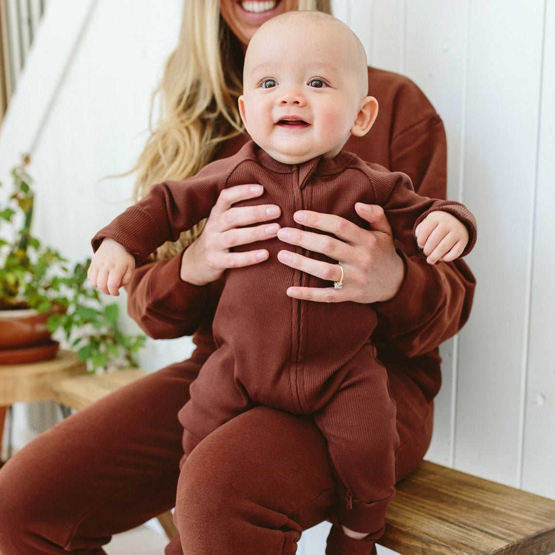 Rib Knit Zipper Romper - Redwood - Bossy Beans