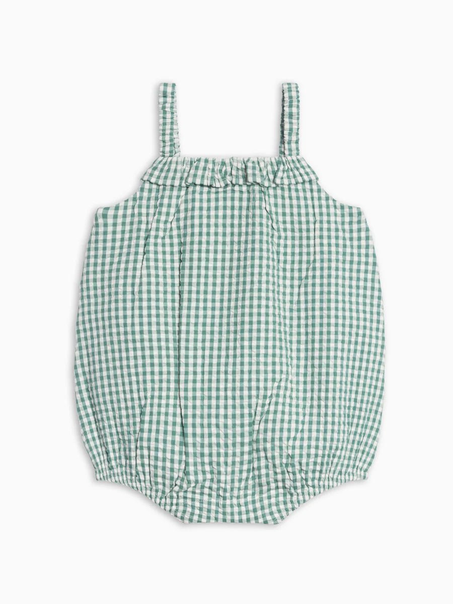Rosalie Seersucker Ruffle Bubble Romper - Laguna Gingham - Bossy Beans
