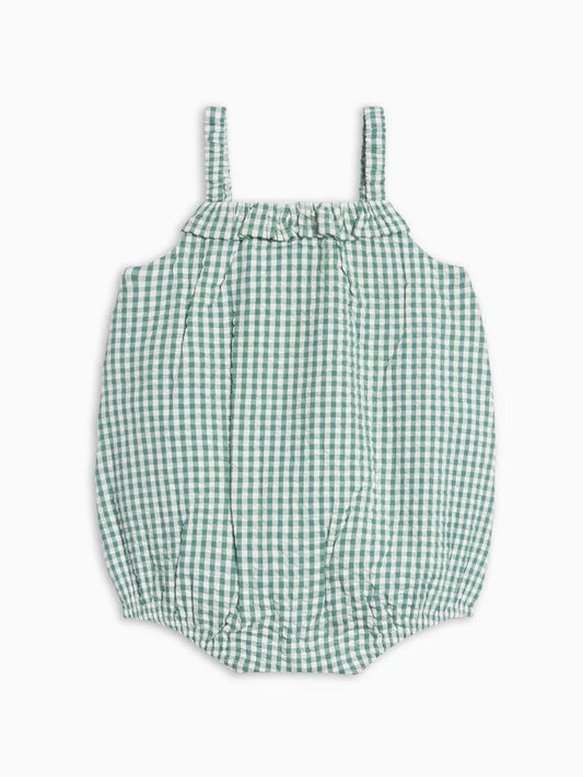 Rosalie Seersucker Ruffle Bubble Romper - Laguna Gingham - Bossy Beans