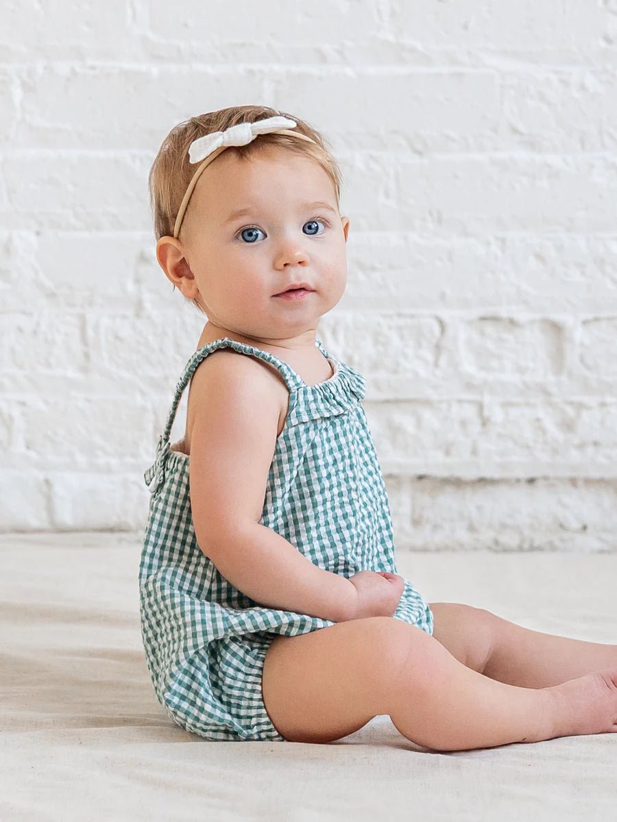 Rosalie Seersucker Ruffle Bubble Romper - Laguna Gingham - Bossy Beans