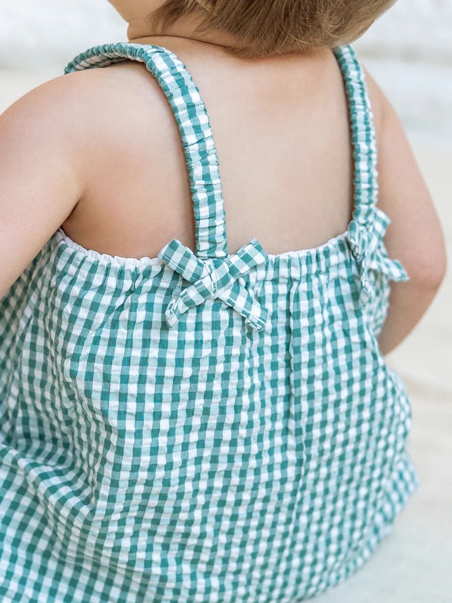 Rosalie Seersucker Ruffle Bubble Romper - Laguna Gingham - Bossy Beans