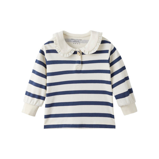 Ruffle Collar Long - Sleeve Shirt: Navy Stripe - Bossy Beans