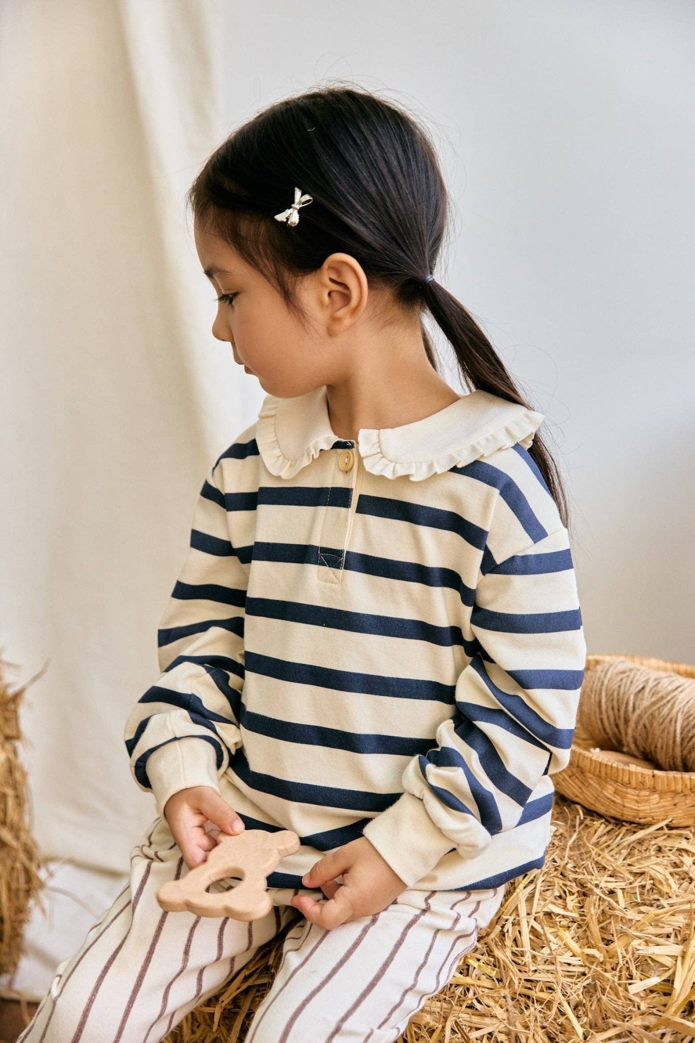 Ruffle Collar Long - Sleeve Shirt: Navy Stripe - Bossy Beans