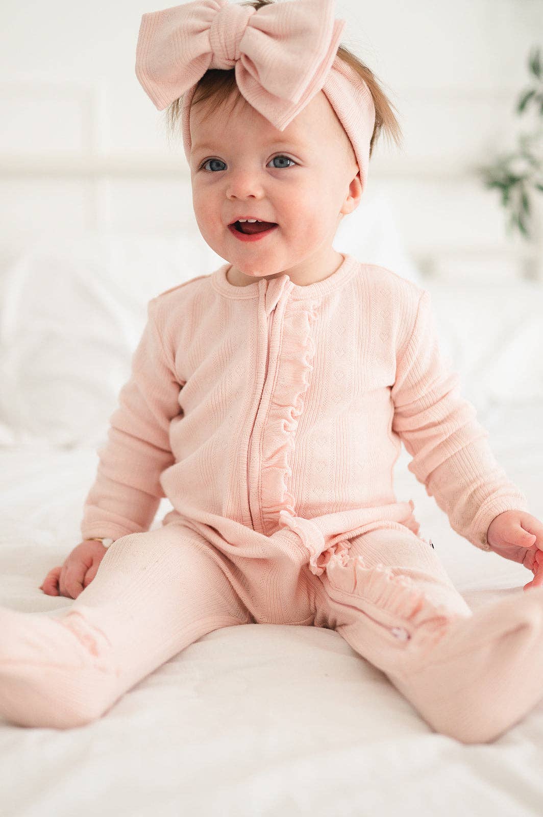 Ruffle Zipper One Piece - Pink Pointelle - Bossy Beans