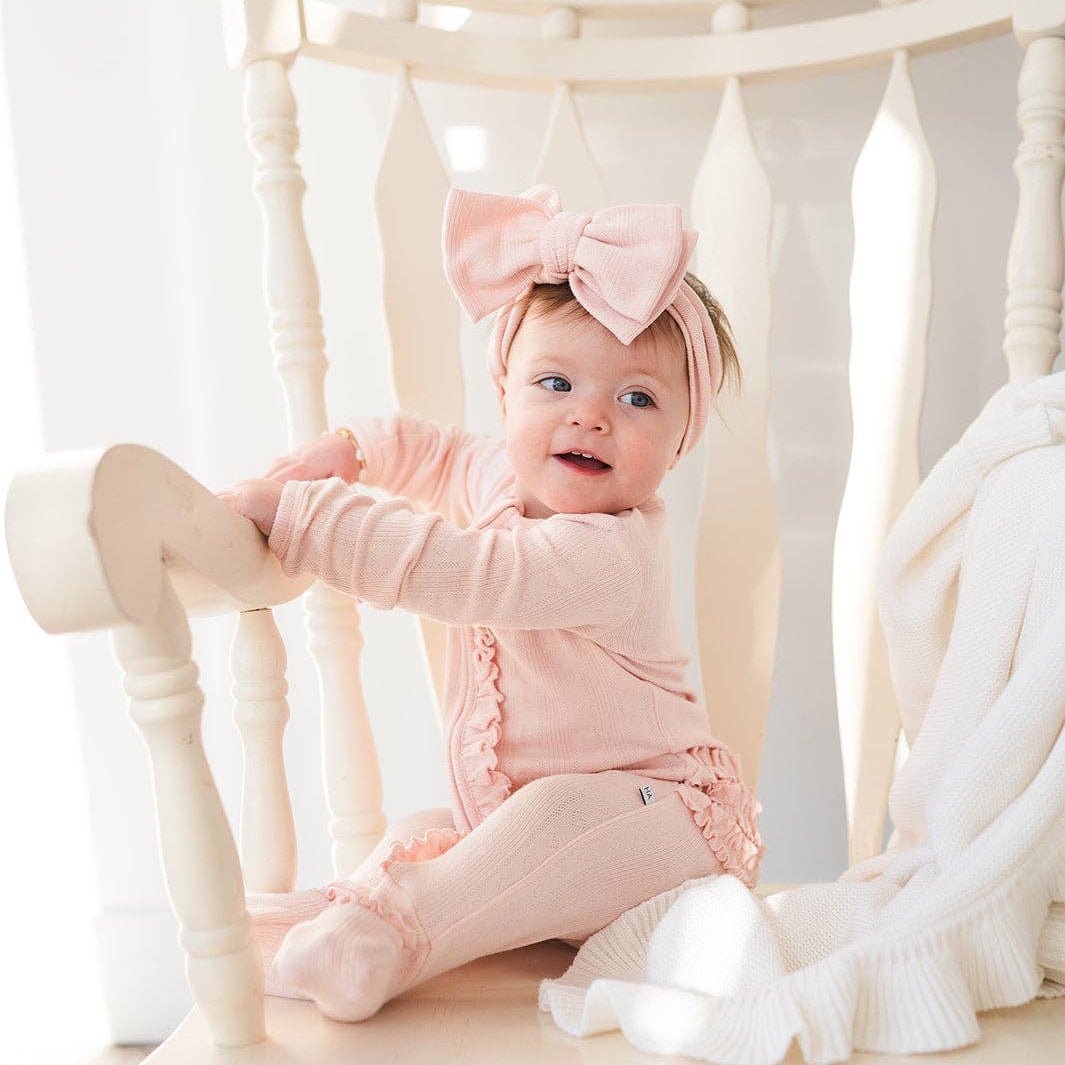 Ruffle Zipper One Piece - Pink Pointelle - Bossy Beans