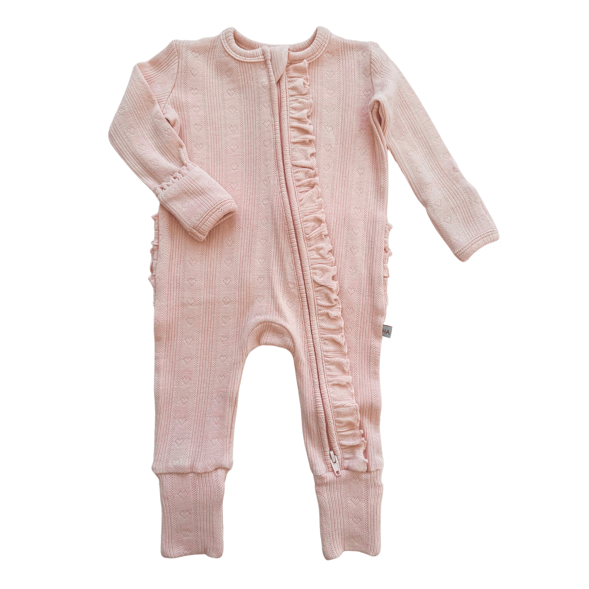 Ruffle Zipper One Piece - Pink Pointelle - Bossy Beans