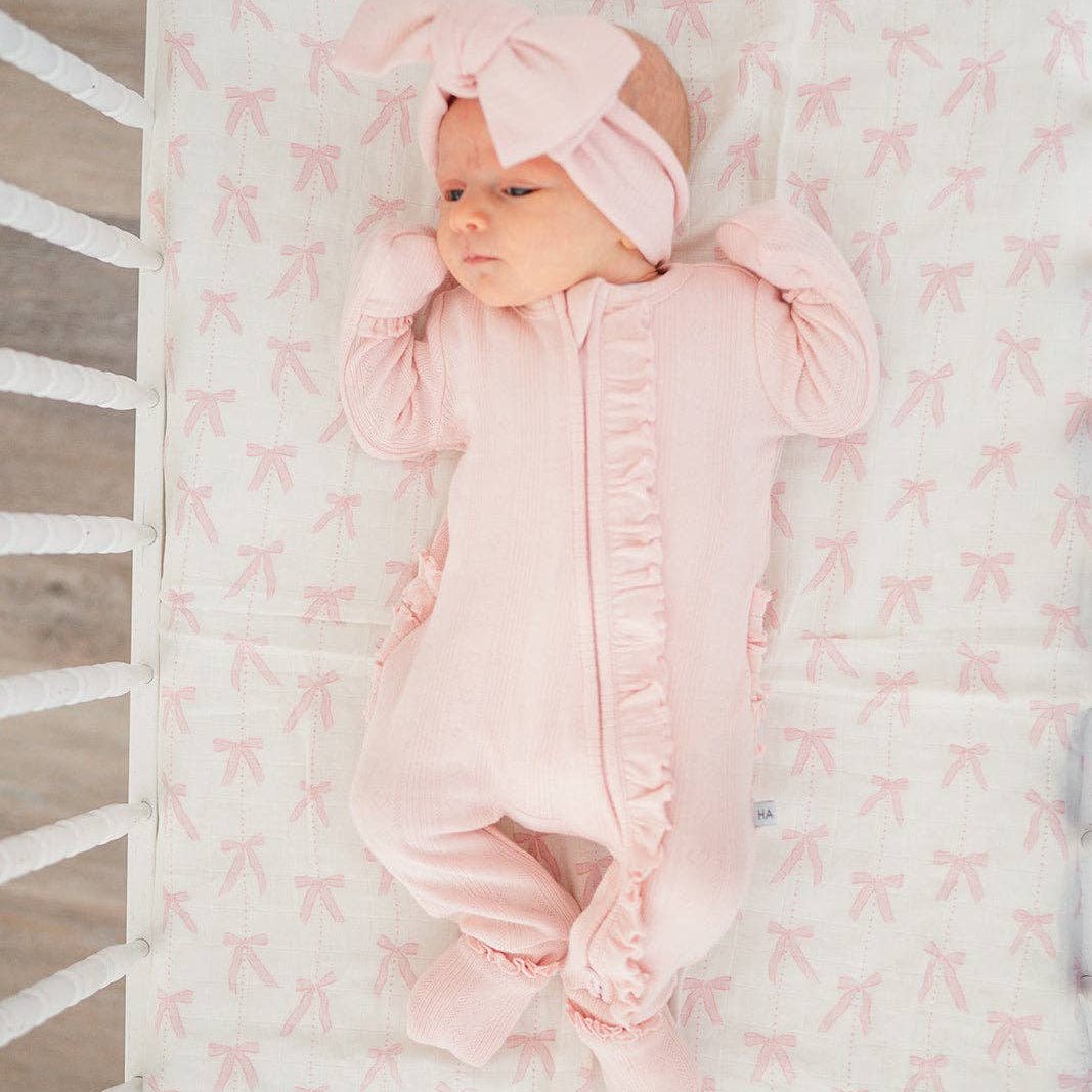 Ruffle Zipper One Piece - Pink Pointelle - Bossy Beans
