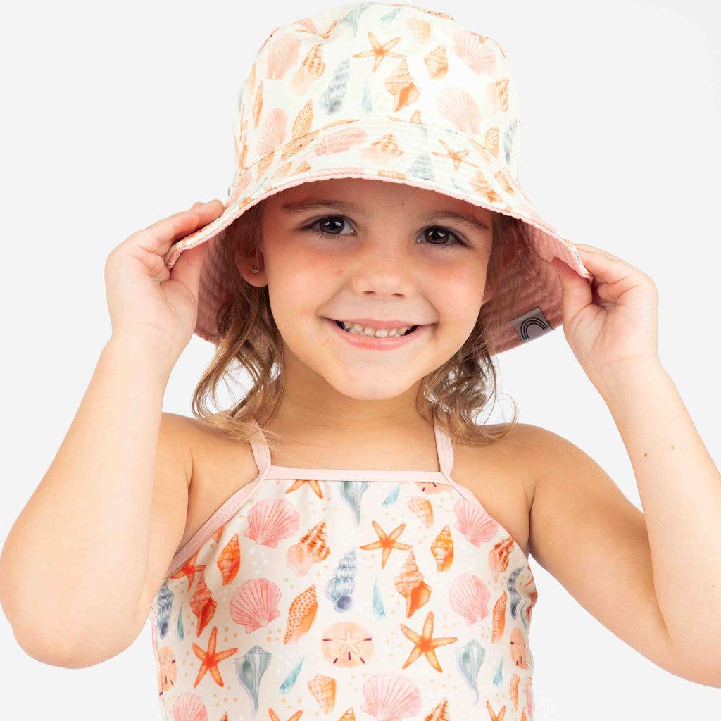 Sandy Seashells/Pink Reversible Beach Baby Bucket Hat - Bossy Beans