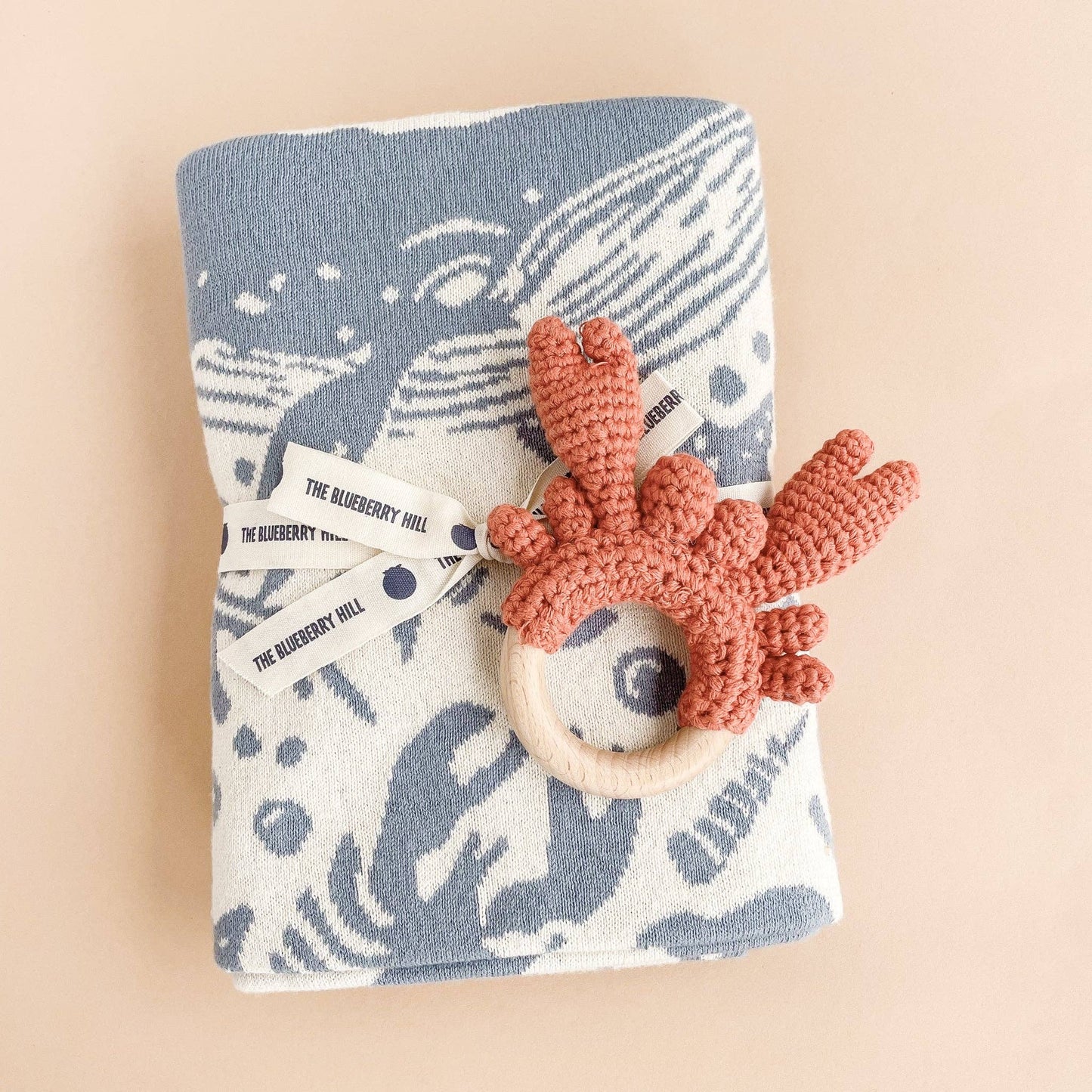 Set: Nautical Blanket Crab Teether Cotton Baby Gift - Ocean - Bossy Beans