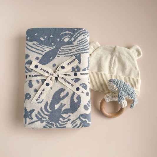 Set: Nautical Blanket Whale Teether Cotton Hat Gift - Summer - Bossy Beans