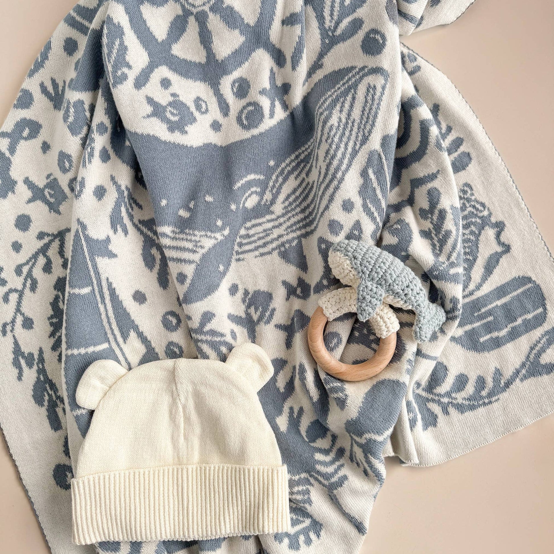 Set: Nautical Blanket Whale Teether Cotton Hat Gift - Summer - Bossy Beans