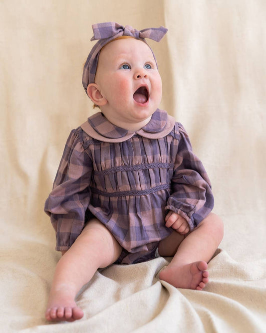Smocked Peter Pan Gingham Baby Romper (Organic): Lilac - Bossy Beans