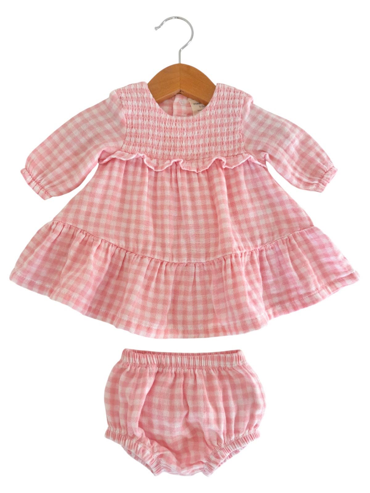 Smocked Ruffle Tiered Dress & Bloomer: Pink Gingham - Bossy Beans