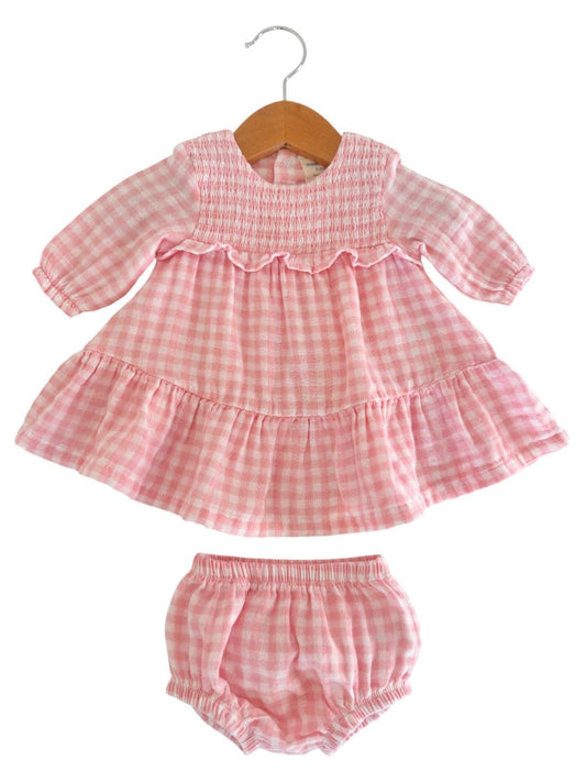 Smocked Ruffle Tiered Dress & Bloomer: Pink Gingham - Bossy Beans