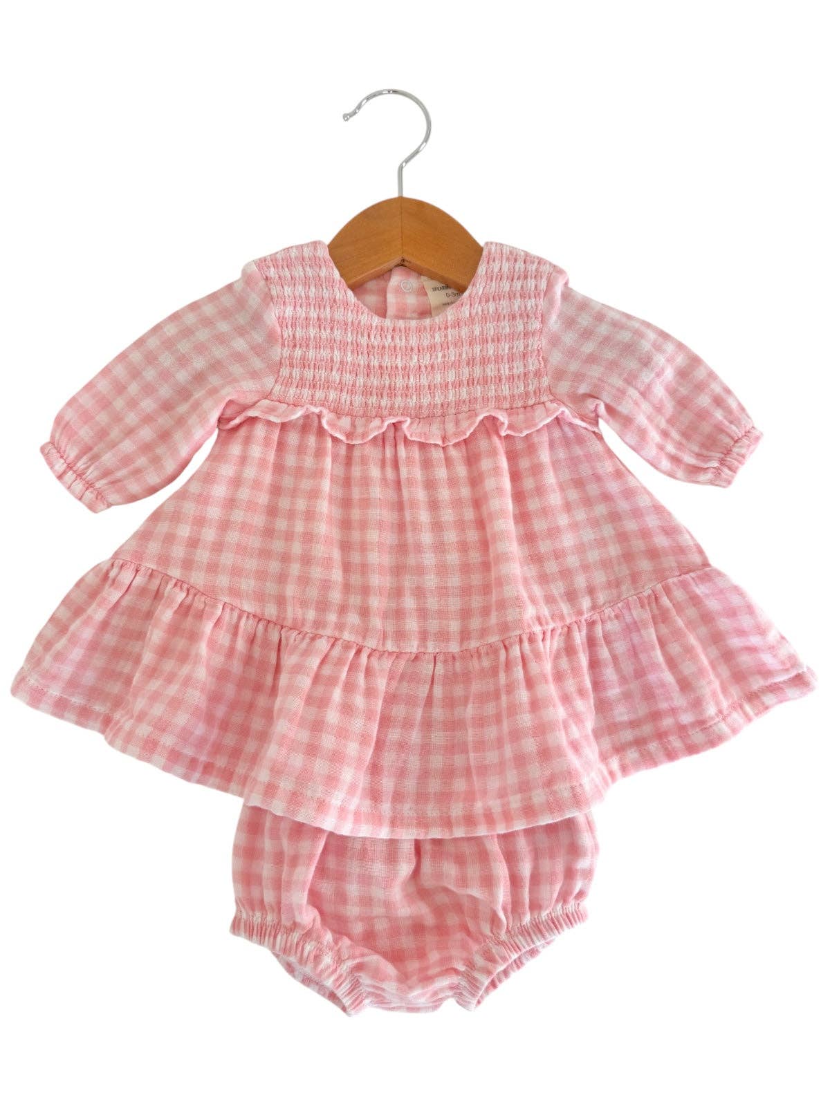 Smocked Ruffle Tiered Dress & Bloomer: Pink Gingham - Bossy Beans